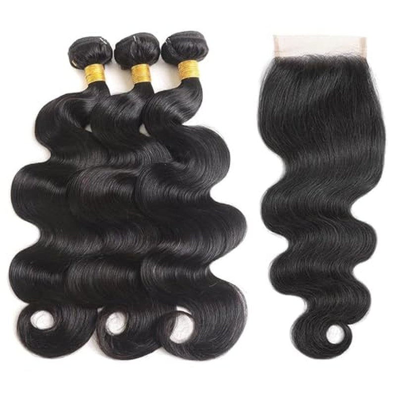 Selina Body Wave 3 Bundles Human Hair with Closure 20 22 24 +18 Inch 4x4 Free Part Lace Closure Human Hair 100% Unprocessed Brazilian Virgin Deals Hair Extensions Quick Weave Bundle Natural Black