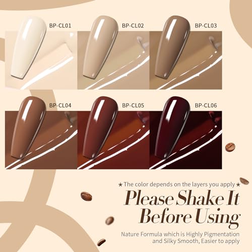Born Pretty Gel Nail Polish 6 Colos,Nude Brown Skin Tone,Roasted Chestnuts Chocolate Gel Polish Collection Neutral Beige Khaki Gel Polish Kit All Seasons Nail Art Manicure DIY for Home Salon