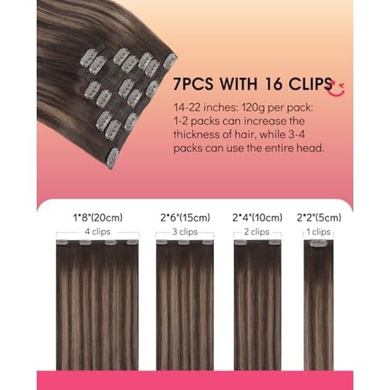 Youngsmile Clip in Hair Extensions Real Human Hair, Human Hair Clip in Extensions, Silky Straight Double Weft, 18 Inch 120 Gram 7 Pcs,Balayage Dark Brown to Chestnut Brown (CLIP#2/6/2-18Inch)