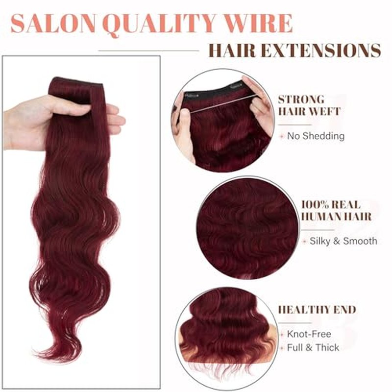 Rich Choices Halo Hair Extensions Real Human Hair Remy Hairs Halo Extension for Women Invisible Wire One Piece Clip in Hairpiece 18 Inch Wavy-#99J Burgundy Red