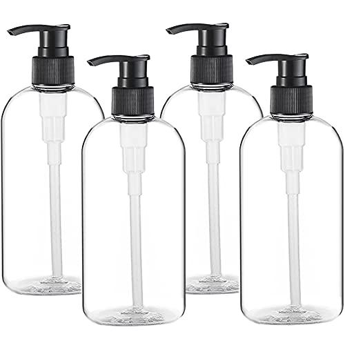 Empty Plastic Pump Bottles Dispenser 4 Pack 16oz/500ml Portable Clear BPA-Free Cylinder Shampoo Lotion Hand Pump Bottle Durable Refillable Containers