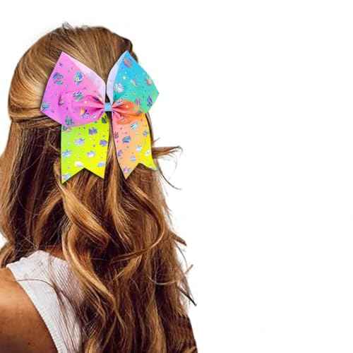 DeD 10 Pcs Elastic Bow 7" Large Hair bows Boutique Rainbow Golden-plating Grosgrain Ribbon Pigtail Holder For School Girls Teens Cheerleader
