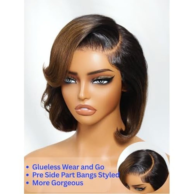 Nadula Glueless Bye Bye Knots Short Bob Drawstring Wig human Hair with Blow Out Bangs, Black to Chestnut Brown Ombre Pre Cut 7X5 HD Lace Front Wigs Pre Plucked Bleached Knots Ready to Wear 12inch
