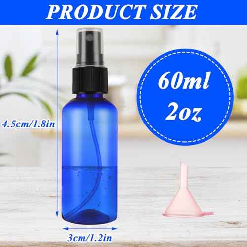 50 Pack 2oz Plastic Spray Bottles Small Empty Fine Mist Spray Bottle Blue Clear Bottles for Essential Oils, Bath, Beauty, Hair & Cleaning, Small Spray Bottles for Travel, With 10 Funnels