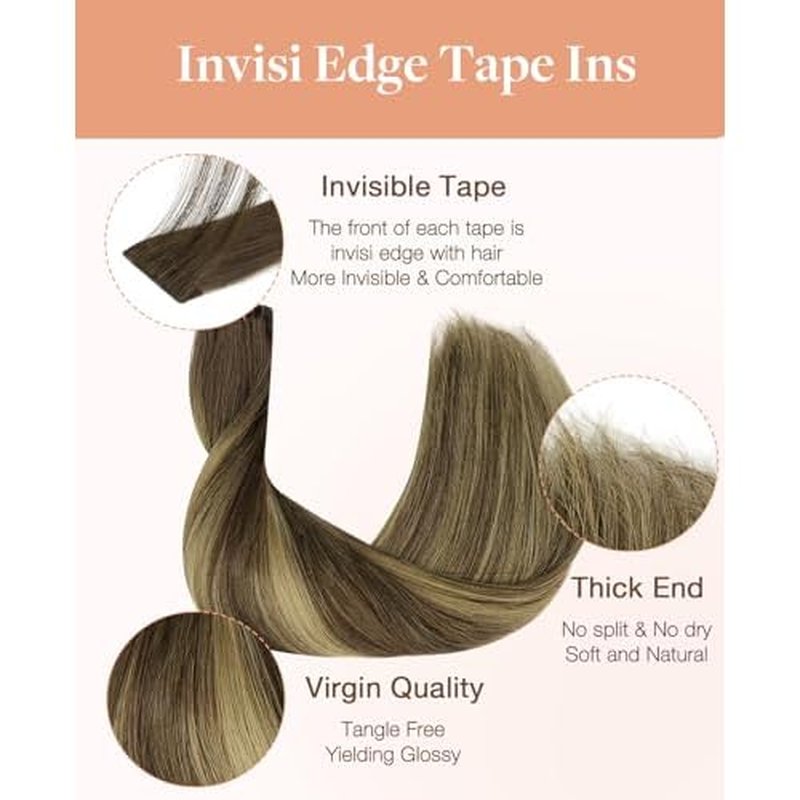 GOO GOO Invisi Edge Tape in Hair Extensions Human Hair, 4/27/4 Balayage Chocolate Brown to Caramel Blonde 20pcs injected with 20pcs classical tape ins, 18inch 100g, Virgin Remy Hair, Natural Look
