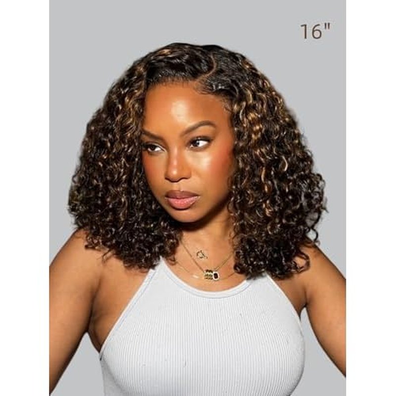 BLY Highlight Wear and Go Glueless Wig Water Wave Human Hair Wigs for Women 16 Inch 5x7 HD Lace Pre Cut Pre Plucked 2/30 Ombre Brown Colored Deep Wave Lace Front Wig 180% Density