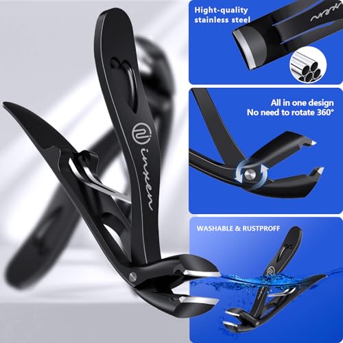 Toenail Clippers for Thick Nails for Seniors| INXEN 3-Pack Ergonomic Heavy Duty Angled Head Nail Clippers with Catcher | Premium Steel Wide Opening Fingernail Clippers Nail Cutter for Men & Women