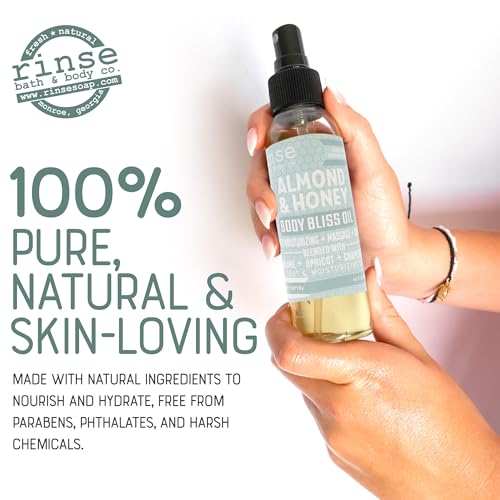 Rinse Bath & Body Almond & Honey Body Oil Moisturizer Spray - Natural Lightweight Fast Absorbing with Squalane, Grapeseed, Apricot & Vitamin E Oil for All Skin Types, 4 fl oz