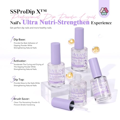 SAVILAND Dip Powder Liquid Set: 15 ml/0.5 Fl.oz Nail Dipping System Essentials for Beginners - HEMA-free Dip Base, Top, Activator, Brush Saver - Strengthen Nails DIY at Home, No Nail Lamp Needed