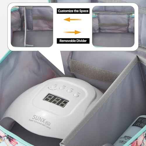 Buruis Double-Layer Nail Polish Organizer Bag, Holds 27 Bottles (15ML/0.5 FL.OZ or Larger), Nail Tools & Dryer Storage Case with Adjustable Dividers (Aqua Floral)