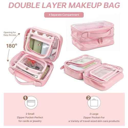 Clear Makeup Bag Toiletry Bag for Women 4 Compartments Travel Cosmetic Case Large Capacity Waterproof Skincare Pouch Organizers with Zippe Deep Pink
