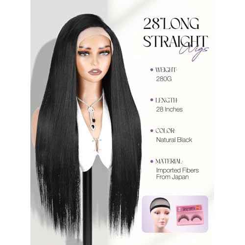 WIGER 28 Inch Straight Lace Front Wigs Long Nature Black Synthetic Heat Resistant Cosplay Wig For Women Pre Plucked Glueless Wig for Halloween Costume Girl Party Hair
