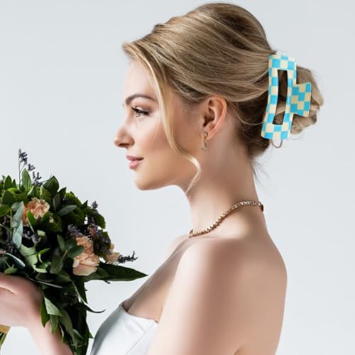 Checkered Multicolored Rectangle Y2K Hair Barrettes and Claw Clips - 6 Pcs Strong Hold Hair Accessories for Thin & Thick Hair