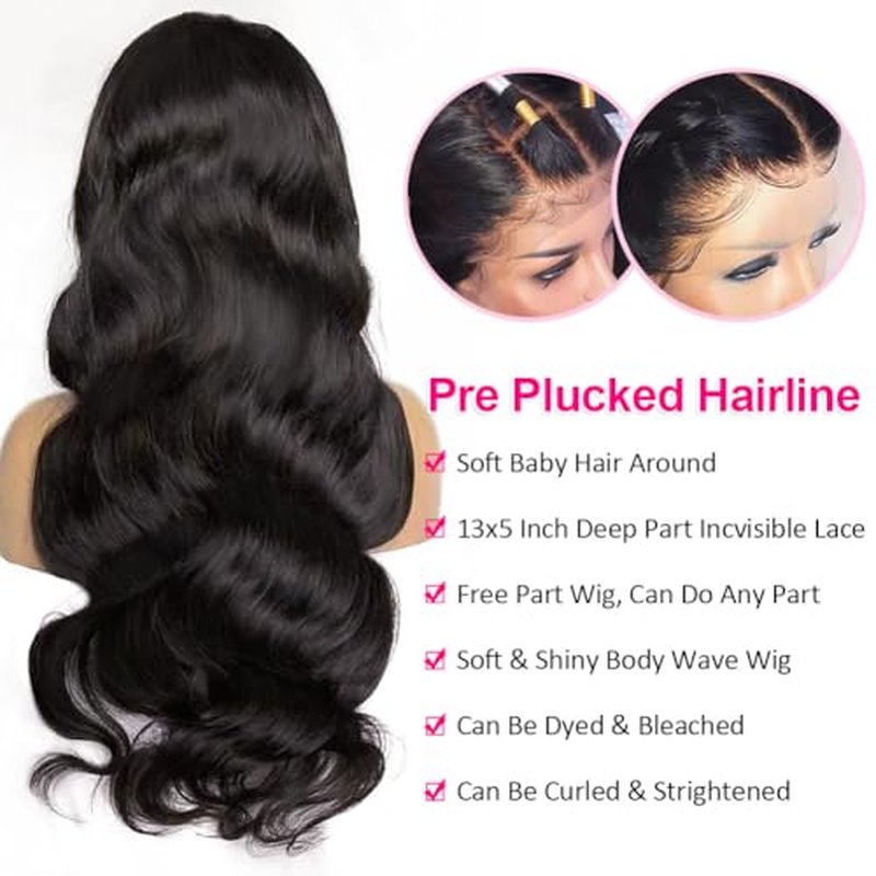 Wingirl 13¡¿5 Lace Front Human Hair Wigs for Women 12A HD Transparent Body Wave Lace Front Wigs Human Hair Pre Plucked Bleached Knots (18 Inch (Pack of 1), 220% 1B# Color)