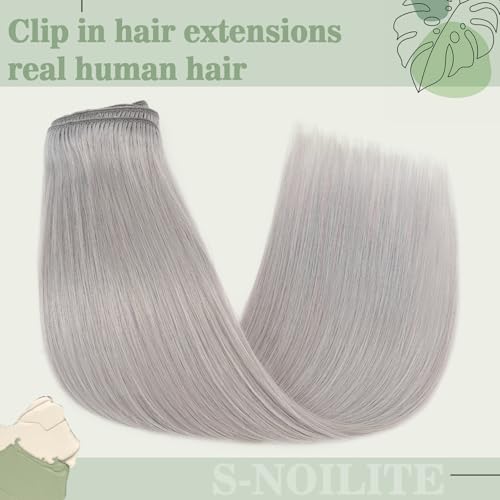 Clip in Hair Extensions Human Hair S-noilite Gray Human Hair Short Hair Clip in Extensions Full Head 8 Pieces/18 Clips 100% Real Human Hair Silky Straight 10"-70g Light Gray (#G1)