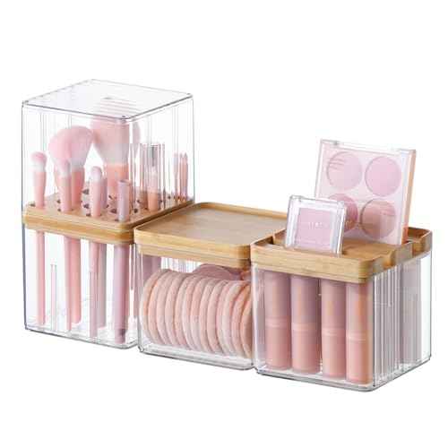 Makeup Brush Holder Comb with Cover Makeup Containers Organizers Set Makeup Holder Box Cosmetic Case With Lid Waterproof Dustproof Beauty Skincare Organizer Bathroom Vanity Countertop,Gift,Clear£¬3PCS