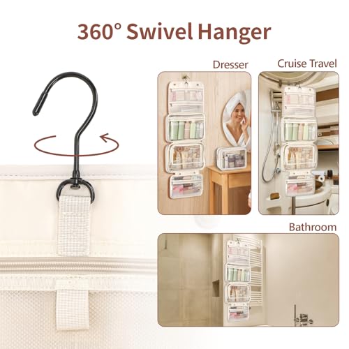 PACKISM Hanging Travel Bag for Traveling with Clear Makeup Bag - Soft Leather Waterproof Travel Toiletry Bag for Full-Sized Toiletries and TSA Approved Toiletry Bag, Off White (L)