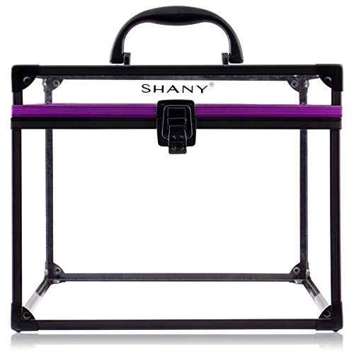 SHANY Clear Cosmetics and Toiletry Train Case - Clear Travel Makeup Bag Case Organizer with Secure Closure and Black/Purple Accents - Extra Large