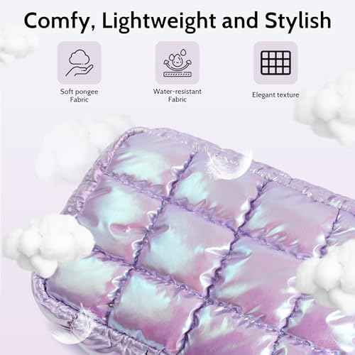 Quilted Cosmetic Bag, Puffer Makeup Bags, Crossbody Purses for women,Cute Travel Toiletry Bag for Women (Dazzling Light Purple)