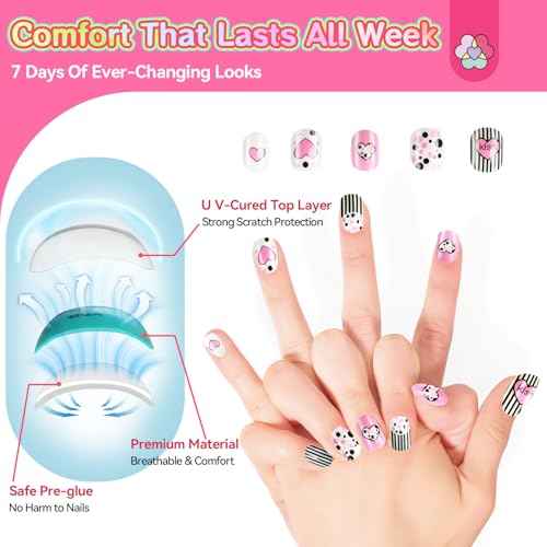 SAVILAND 7 Days Press on Nails for Kids: 168Pcs Children False Artificial Fake Nail Tips Sweet Edgy Pre-glue Full Cover Short Acrylic Nails with Nail Adhesive Tabs Gifts for Girls 8-12 Year (GlamKids)