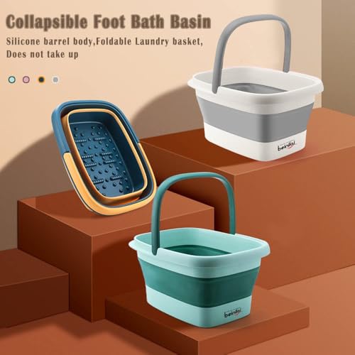 Collapsible Foot Bath Basin for Soaking Feet,Foot Soak Tub,Plastic Foot Bucket with Handles and Massage Acupoint,Foldable Laundry Basket-Gery