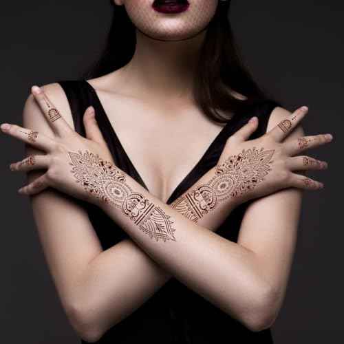 XMASIR Henna Tattoo Stencils Kit, 12 Sheets Temporary Stickers Hand Forearm Glitter Airbrush DIY Tattoo Template for Women and Girls (Black)