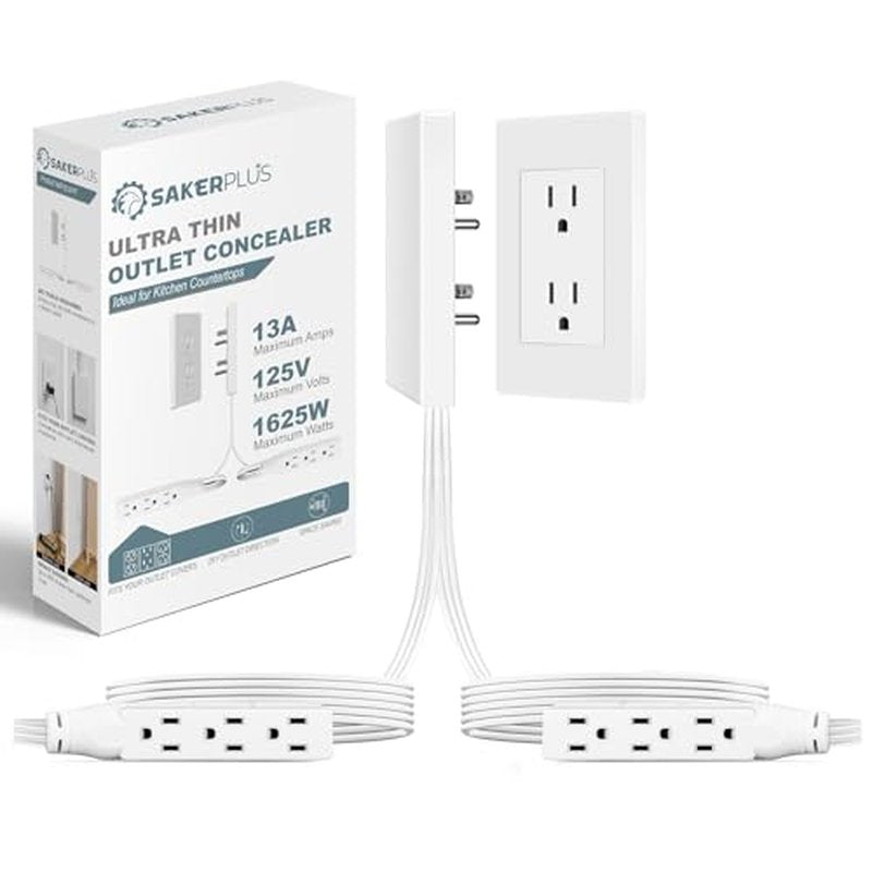 Outlet Concealer Power Strip-Outlet Cover Extender with 3AC Outlets-5ft Flat Plug Extension Cord,Universal Size,1625W for Kitchen, Home and Office,Child & Pet Safe(Dual 5 Foot)