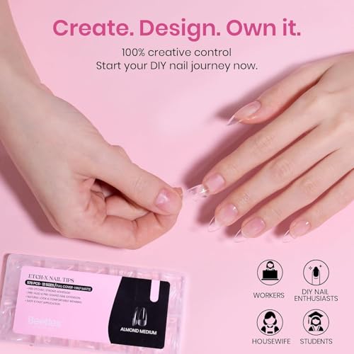 Beetles Medium Almond Nail Tips 576pcs 12 Sizes, Pre-Etched Soft Gel Nail Tips Half Matte Full Cover False Nail Tips Clear Acrylic Nails Glue on Nails DIY Nail Extension Gift for Women