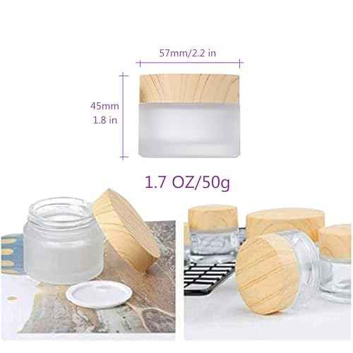 50 Gram/50 ml Empty Sample Jars Round Frosted Glass Bottle Cosmetic Cream Jar Wood Grain Lid Cosmetic Container Glass Cream Box Refillable Cream Pot Jars for Lip Balm Lotion Eyeshadow,4 Pack