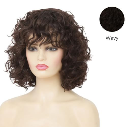 Kaneles Short Brown Curly Wig Womens Bob Wig with Bangs Shoulder Length Naturel Hair Wigs for Daliy Party Halloween Use