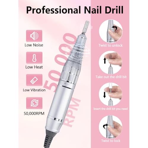 Nail Drill, Portable Electric Nail File 50000RPM, Rechargeable Nail Drill Professional with Bits for Acrylic Gel Nails, E-File Machine Manicure Polishing for Salon Home,Pink