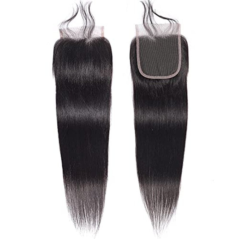 Peruvian Straight Human Hair Bundles with Closure(16 18 20+12) Unprocessed Virgin Human Hair 3 Bundles with Closure 10A Straight Hair Weave Bundles with Lace Closure Natural Color