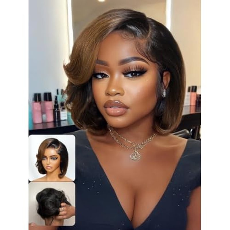Nadula Glueless Bye Bye Knots Short Bob Drawstring Wig human Hair with Blow Out Bangs, Black to Chestnut Brown Ombre Pre Cut 7X5 HD Lace Front Wigs Pre Plucked Bleached Knots Ready to Wear 12inch