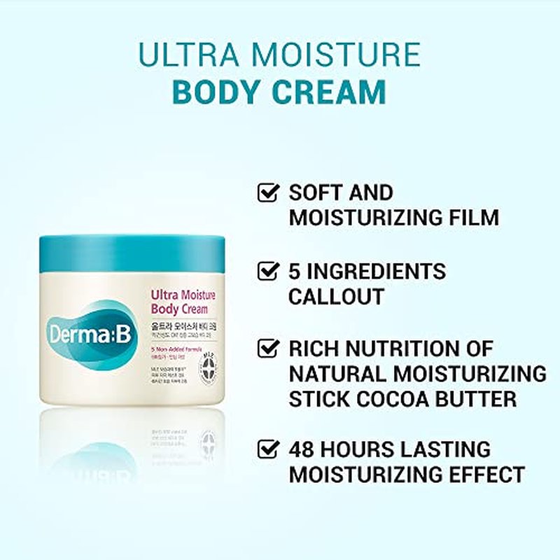 Derma B | Ultra Moisture Body Cream | Moisturizer for Dry Skin | Body Skin Care | Body Balm for Sensitive Skin | Olive Oil and Allantoin | 48 Hour Lasting Skin Moisturization | 14.54 fl oz (430ml)