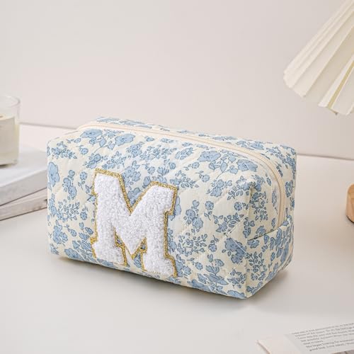 JOVAKIT Alphabet Makeup Bag Cosmetic Bag for Women, Christmas Gifts for Girls Age 6-18, Floral Flowers Coquette Travel Toiletry Zipper Make Up Pouch Organizer Trendy Stuff (Blue Floral M)