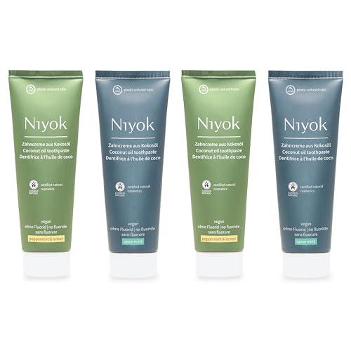 Natural Cosmetics Fluoride Free Natural Coconut Oil Toothpaste, Peppermint Lemon 75 ml and Spearmint 75 ml, 4-Pack