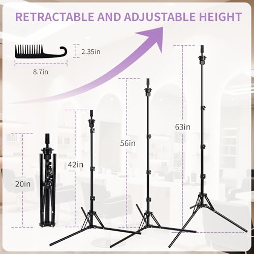 Mannequin Head Stand,Adjustable Wig Stand Tripod Height Adjustment(20-60Inch) Reinforced Metal Mannequin Stand For Cosmetology Hairdressing Training With Free One Wide Tooth Comb