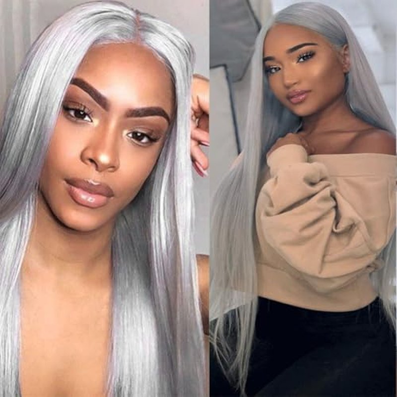 Grey Straight Lace Front Wigs Human Hair Pre Plucked Bleached Knots with Baby Hair Silver 13x4 Brazilian Virgin Lace Frontal Wigs for Black Women 20 Inch 180 Density