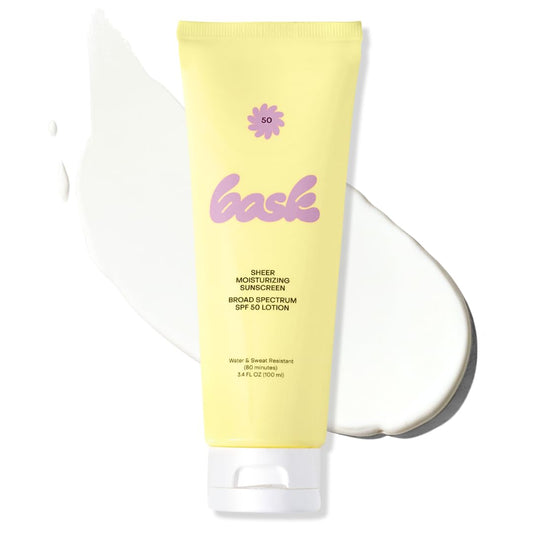 Bask SPF 50 Sheer Moisturizing Sunscreen Lotion - Broad Spectrum UVA/UVB Protection, Dermatologist Recommended, Hydrating, Lightweight & Non-Greasy, No White Cast, Travel Size, 3.4 fl oz