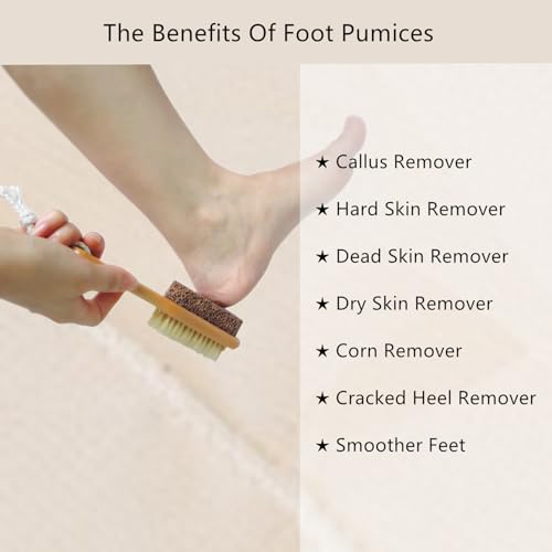 Natural Lava Pumice Stone for Feet with Brush, Callus Remover Foot Scrubber Exfoliator Pedicure Tools for Hard Dead Skin, Softer & Smoother Feet, Double Sided Boar Bristles Wooden Handle