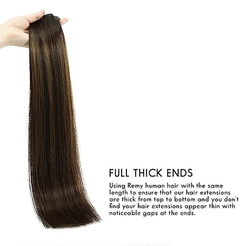 SEACOLOR Stock Clearance: 16 Inch, 140g Balayage Dark Brown mixed with Chestnut Brown Remy Clip In Hair Extensions, 100% real Human Hair Highlights on Dark Brown Hair #T2/6/2