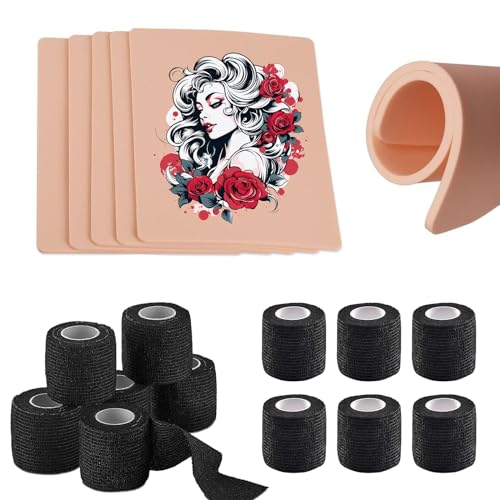3MM Tattoo Fake Skin Grip Tape Wrap - Tattoo Skin Practice Kit 4Pcs 7.4" x 5.6" Silicone Tattoo Practice Skins and 12Pcs Tattoo Machine Wrap Tattoo Supplies and Equipment