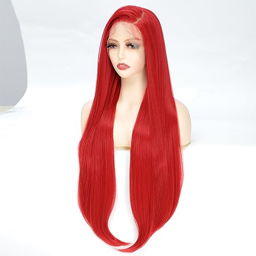 X-TRESS 32 Inch Red Lace Front Wig 13x4 Staight Hd Lace Front Wig Red Wigs For Wome Glueless Wigs Pre Plucked Baby Hair 180 Density Synthetic Lace Front Wigs Cosplay