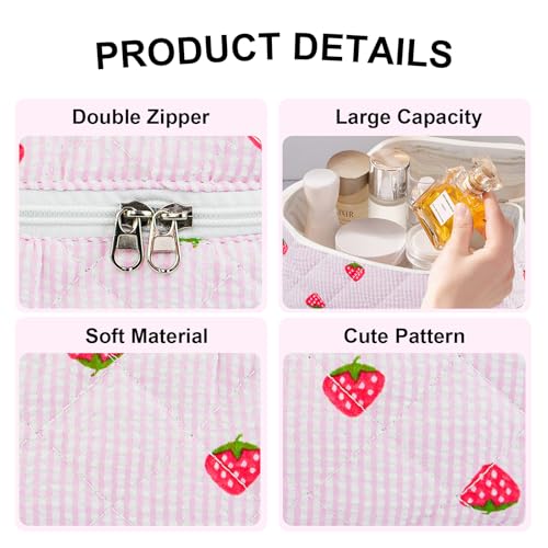 3PCS Makeup Bag Set, Quilted Cosmetic Bag, Large Travel Aesthetic Make up Bag, Cute Coquette Toiletry Bag for Women Girls