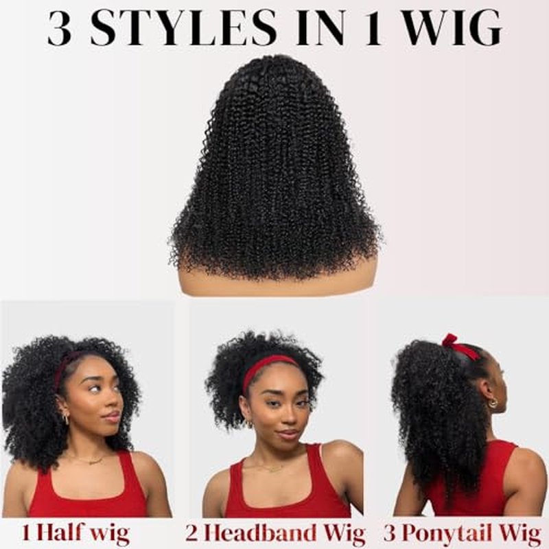 kiss love Kinky Curly Half Wig Human Hair Upgrade 4C Edge Hairline 180 Density 3 In 1 Seamless Flip Over Half Wigs With Drawstring Beginner Friendly Glueless Put and Go Headband Wig For Women