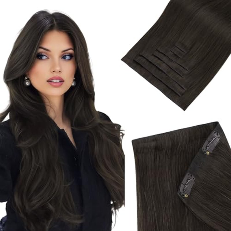 HOTBANANA Invisi Edge Clip in Hair Extensions, 16inch 130g Injected Seamless Clip in Extensions 7Pcs Dark Brown Real Human Hair PU Hair Extensions