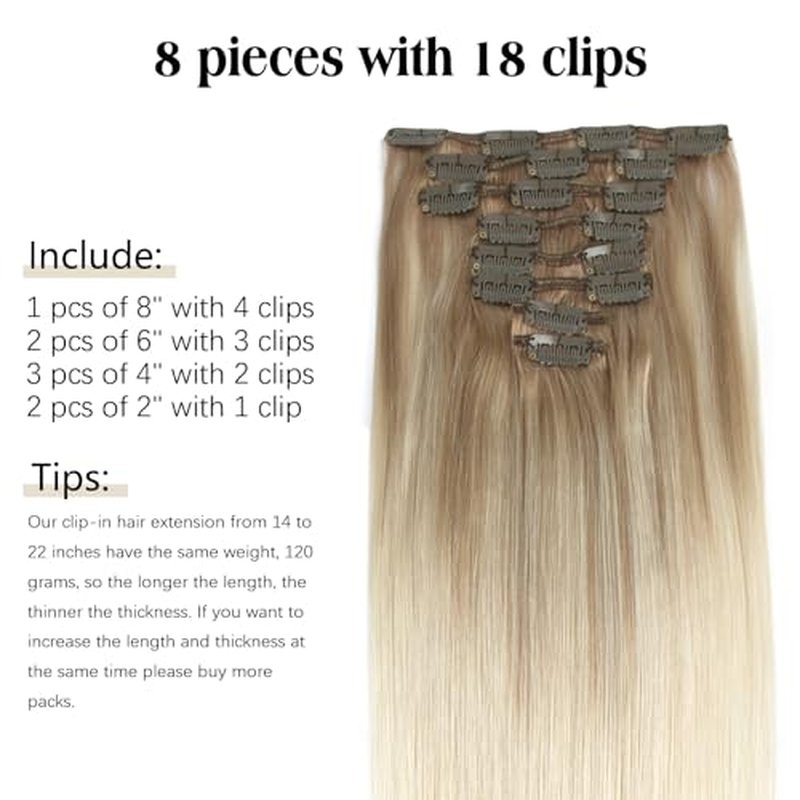 ABH AMAZINGBEAUTY HAIR Clip in Hair Extensions Balayage Ash Brown Fading into Platinum Blonde Hair Extension Clips 8pcs/120g B8-60 18 Inch Double Weft Clip on Hair Extensions Thick Straight Hair Clips