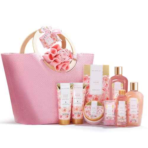 Spa Luxetique Gifts for Women - 10pc Rose Spa Basket, Deluxe Spa Tote Bag Bath Set with Wooden Handle, Bath Salt, Hand Soap, Body Butter, Christmas Gifts for Women