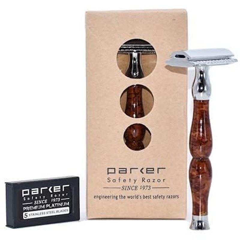 Parker Heavyweight Double Edge Safety Razor - Durable Brass Frame | 4-Inch Handle & 5 Blades Included