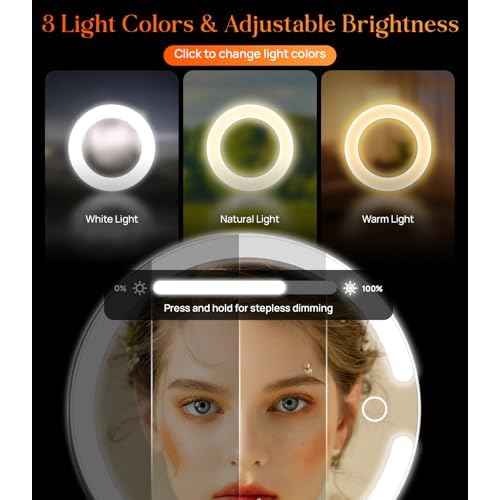 Gospire Magnifying Travel Makeup Mirror with Light 10X 1X Magnifition 2-Sided Lighted Vanity Mirror Rechargeable 3 in 1 Hand Held Desk Hanging, 3 Color Dimmable Lights, White